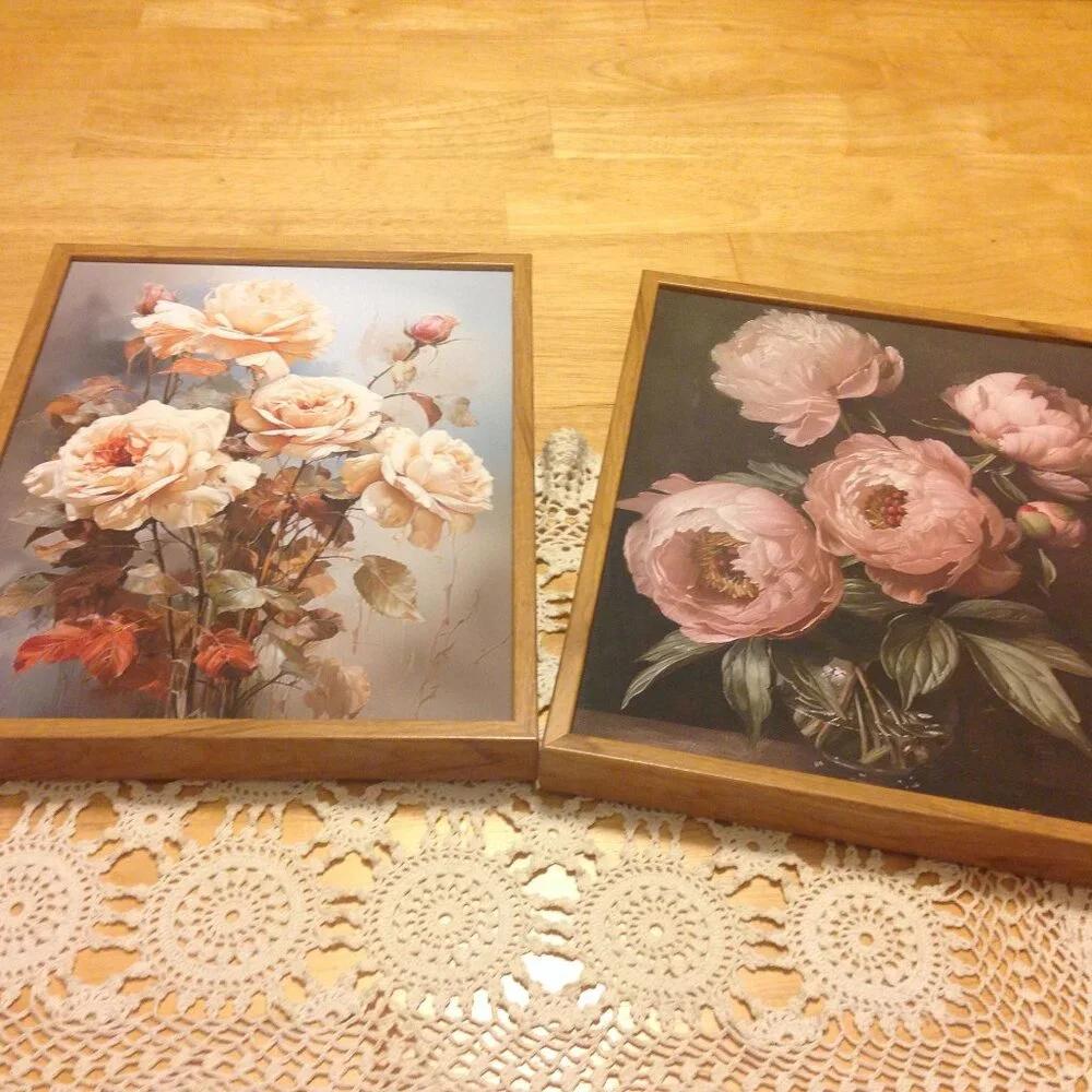 Lovely florals in faux wood frames, pinks to lite peach tones
